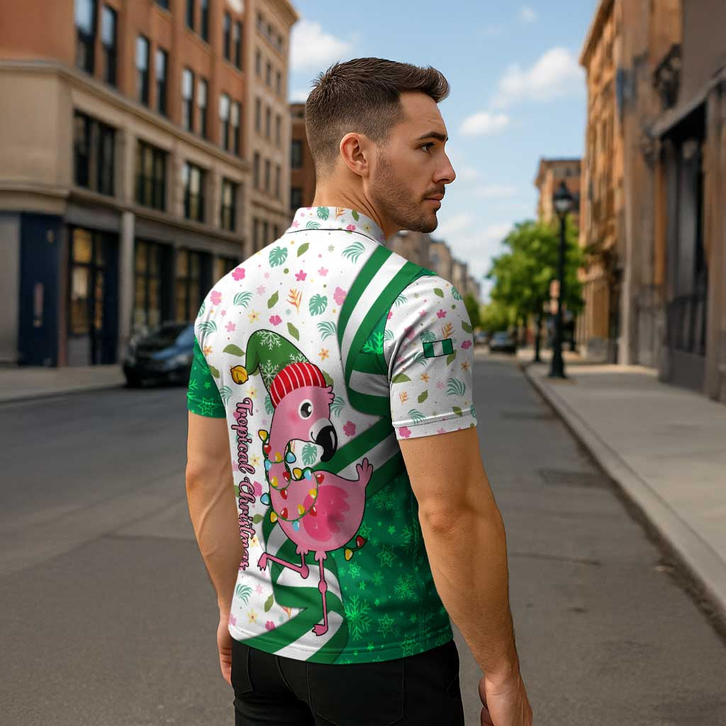 Nigeria Christmas Zipper Polo Shirt with Pink Flamingo Tropical Leaves and Festive Lights Design - Wonder Print Shop
