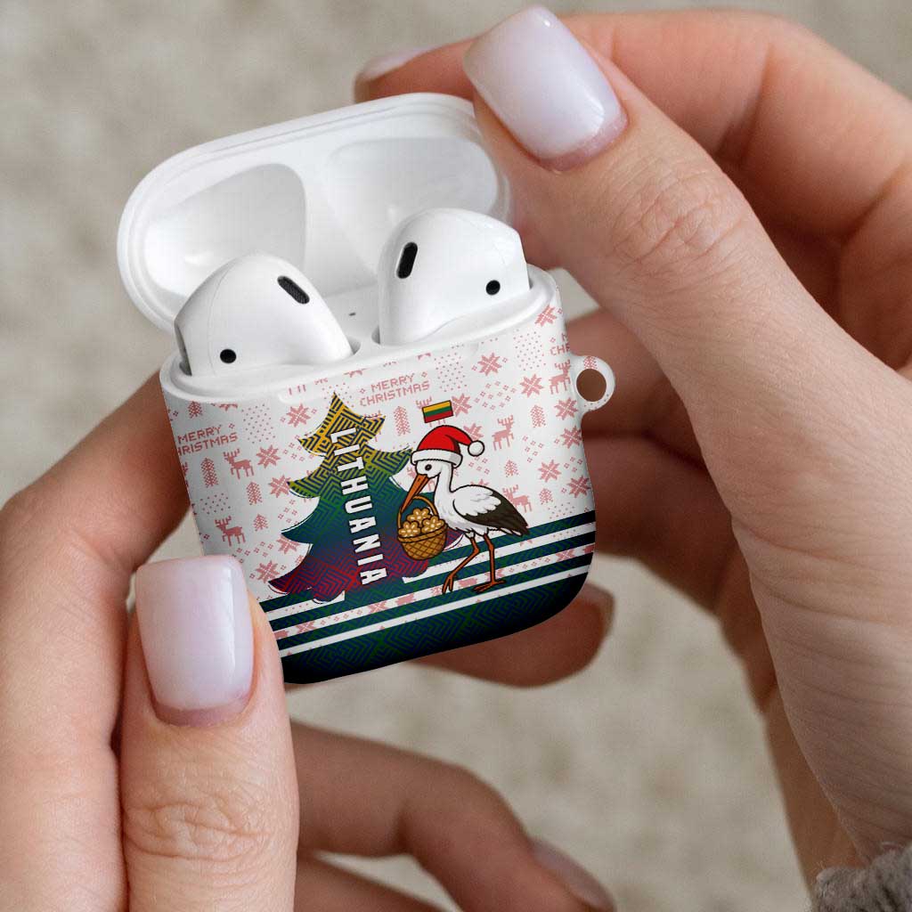 Lithuania Christmas AirPods Case with Stork Basket Snowflakes and Traditional Pattern Design - Wonder Print Shop