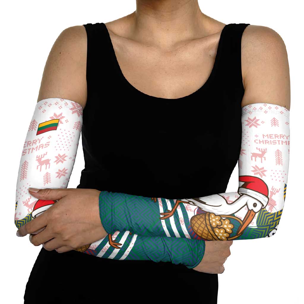 Lithuania Christmas Arm Sleeves with Stork Basket Snowflakes and Traditional Pattern Design - Wonder Print Shop