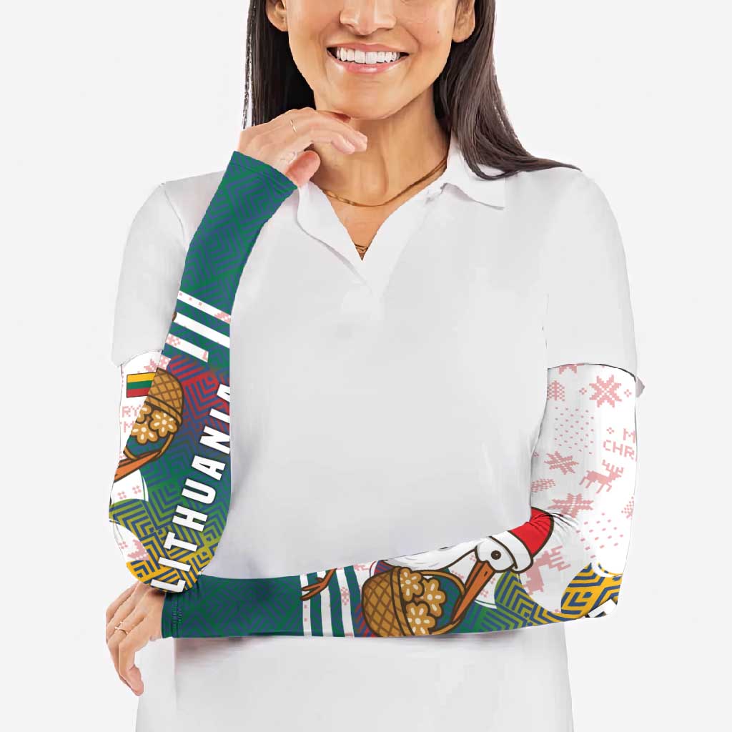Lithuania Christmas Arm Sleeves with Stork Basket Snowflakes and Traditional Pattern Design - Wonder Print Shop