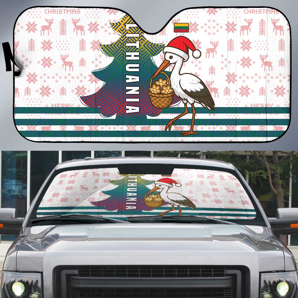 Lithuania Christmas Auto Sun Shade with Stork Basket Snowflakes and Traditional Pattern Design - Wonder Print Shop
