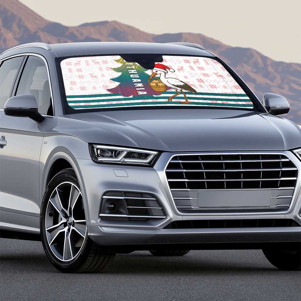 Lithuania Christmas Auto Sun Shade with Stork Basket Snowflakes and Traditional Pattern Design - Wonder Print Shop