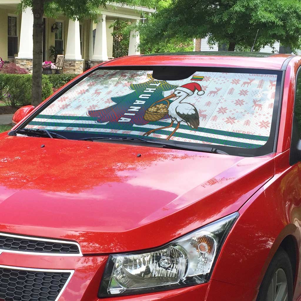 Lithuania Christmas Auto Sun Shade with Stork Basket Snowflakes and Traditional Pattern Design - Wonder Print Shop