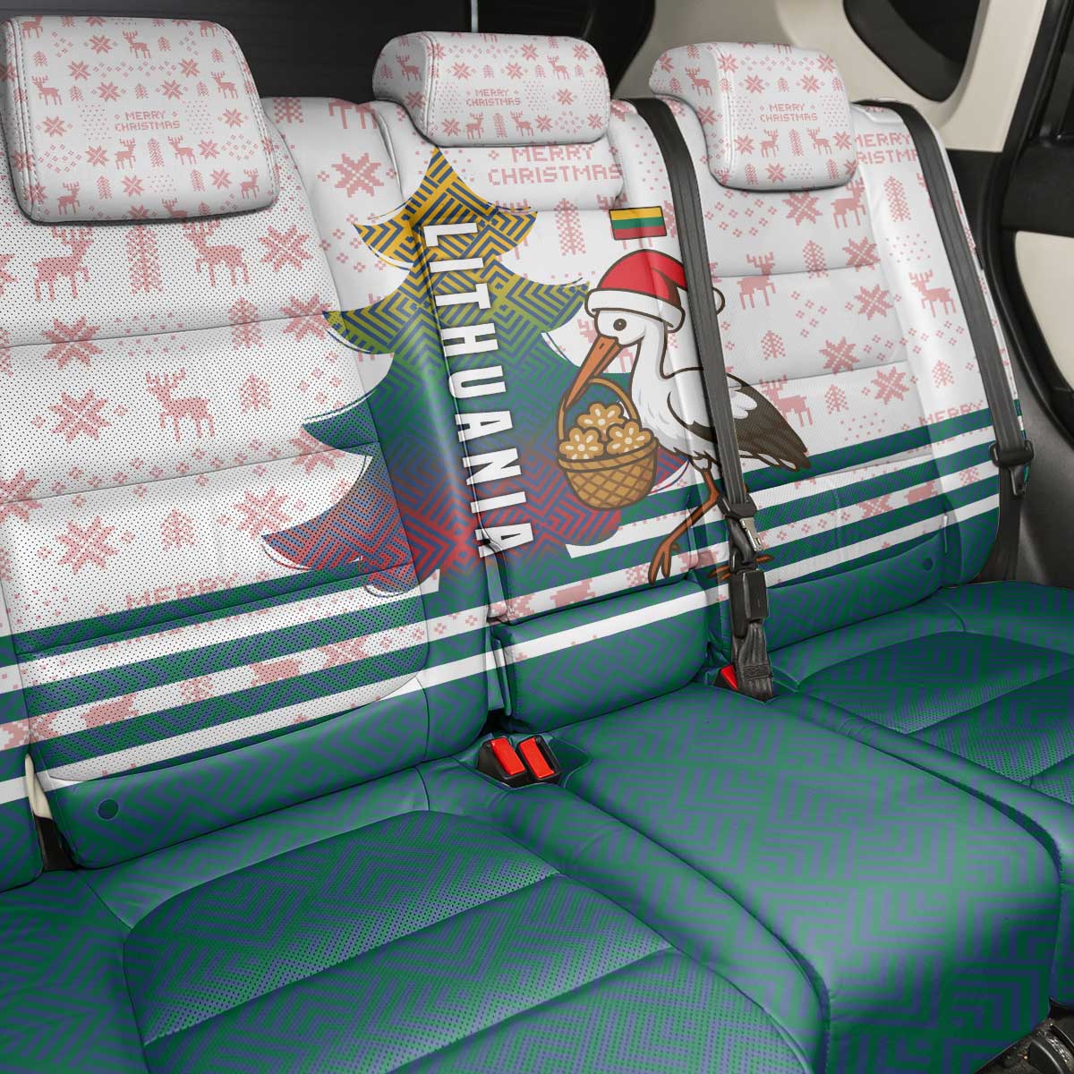 Lithuania Christmas Back Car Seat Cover with Stork Basket Snowflakes and Traditional Pattern Design - Wonder Print Shop
