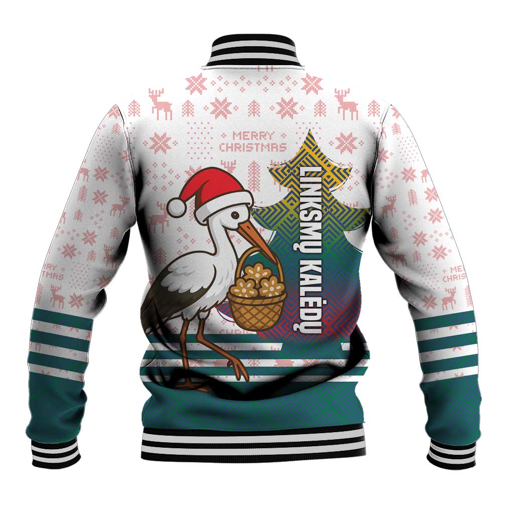 Lithuania Christmas Baseball Jacket with Stork Basket Snowflakes and Traditional Pattern Design - Wonder Print Shop