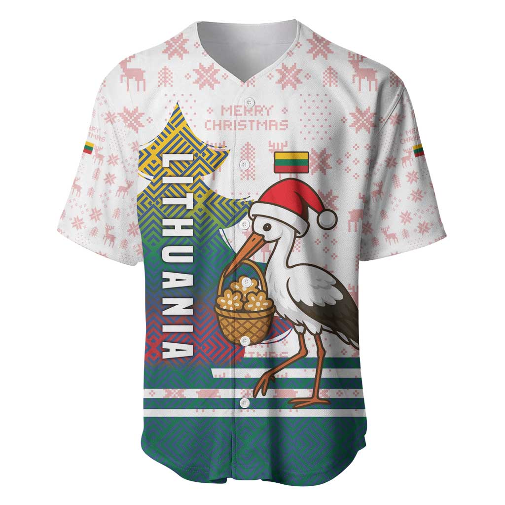 Lithuania Christmas Baseball Jersey with Stork Basket Snowflakes and Traditional Pattern Design - Wonder Print Shop