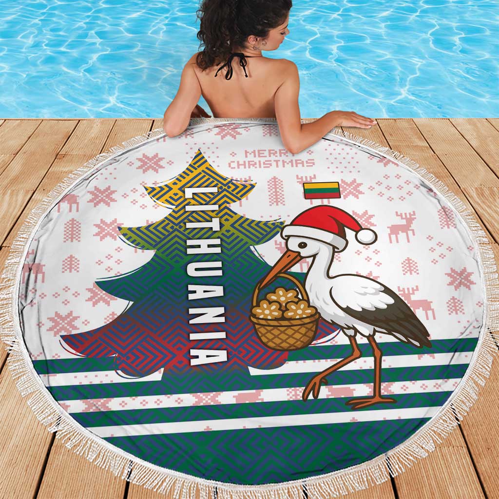 Lithuania Christmas Beach Blanket with Stork Basket Snowflakes and Traditional Pattern Design - Wonder Print Shop