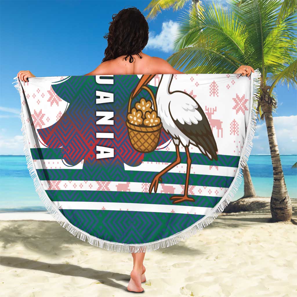 Lithuania Christmas Beach Blanket with Stork Basket Snowflakes and Traditional Pattern Design - Wonder Print Shop