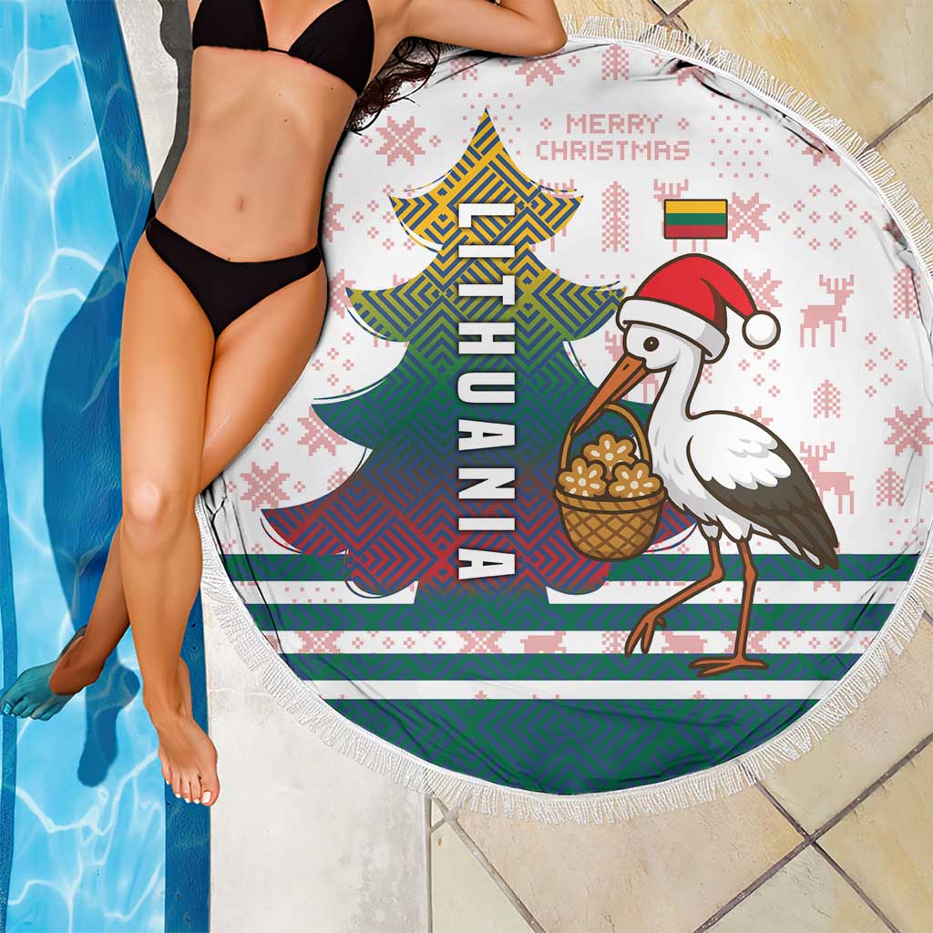 Lithuania Christmas Beach Blanket with Stork Basket Snowflakes and Traditional Pattern Design - Wonder Print Shop