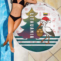 Lithuania Christmas Beach Blanket with Stork Basket Snowflakes and Traditional Pattern Design - Wonder Print Shop