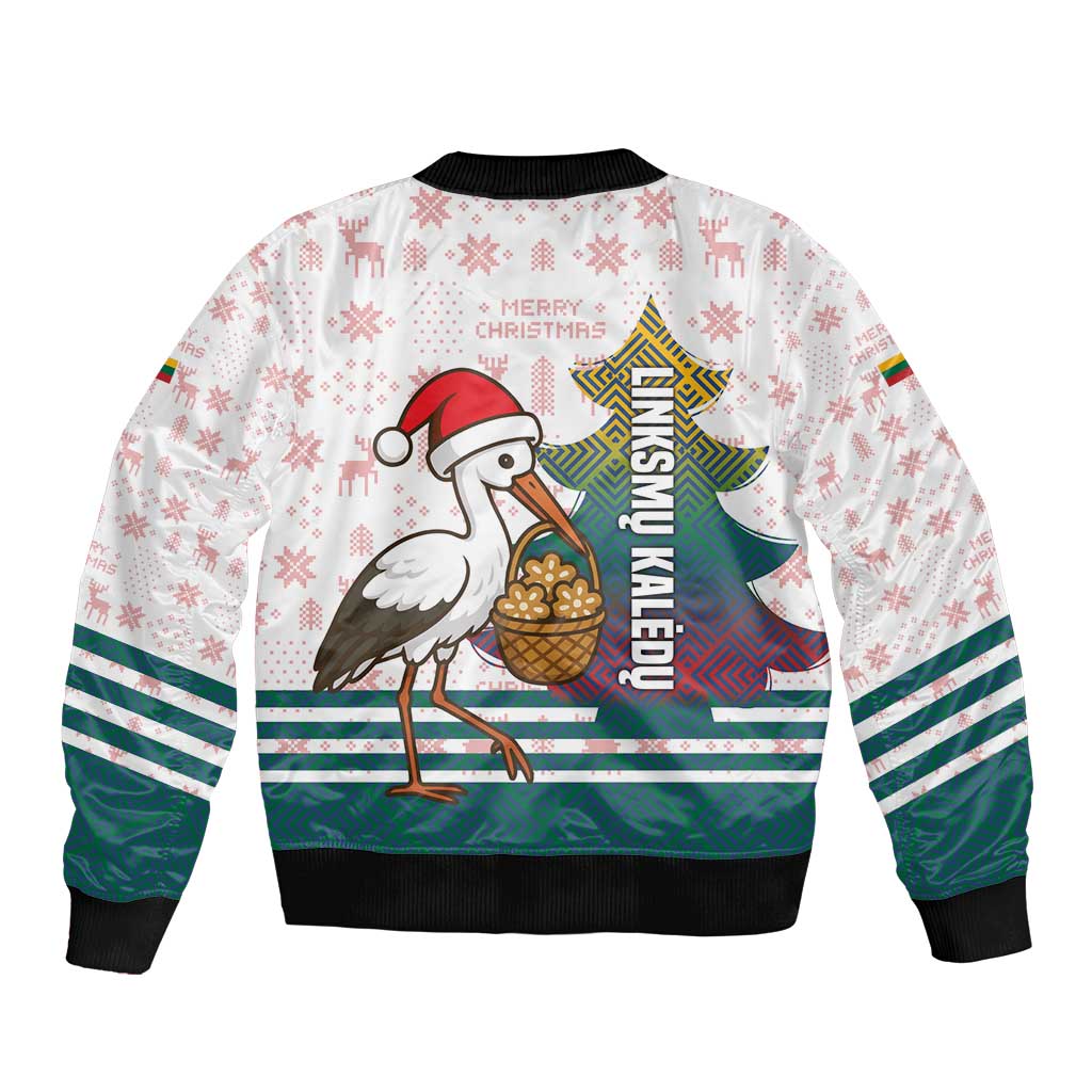 Lithuania Christmas Bomber Jacket with Stork Basket Snowflakes and Traditional Pattern Design - Wonder Print Shop