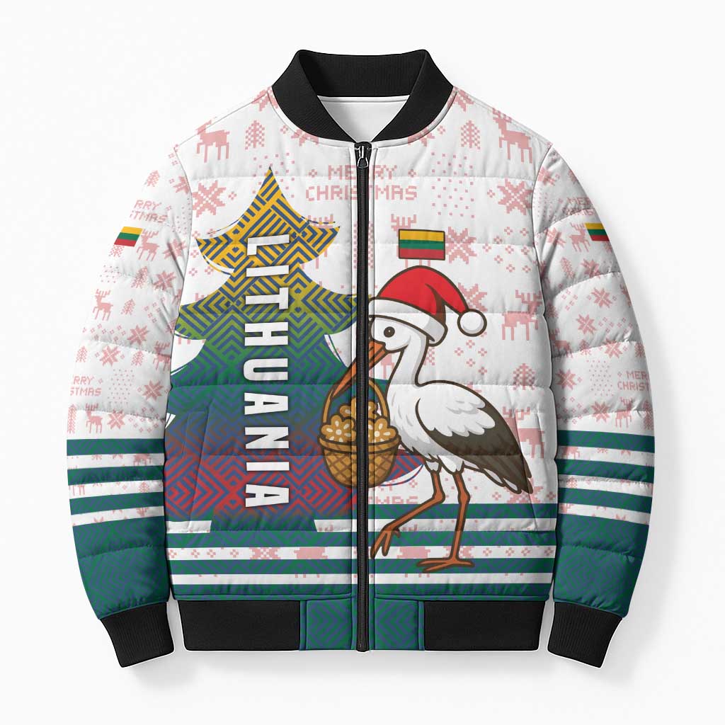 Lithuania Christmas Bomber Puffer Jacket with Stork Basket Snowflakes and Traditional Pattern Design - Wonder Print Shop