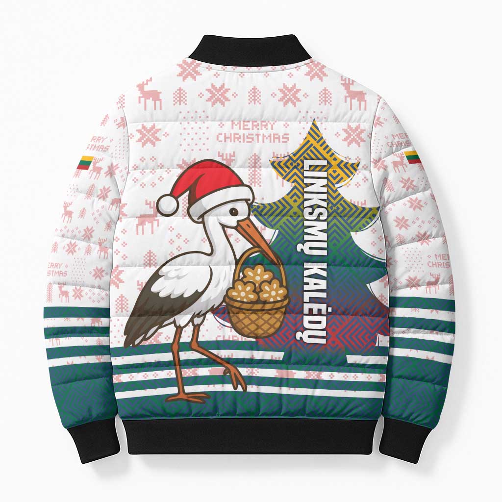 Lithuania Christmas Bomber Puffer Jacket with Stork Basket Snowflakes and Traditional Pattern Design - Wonder Print Shop