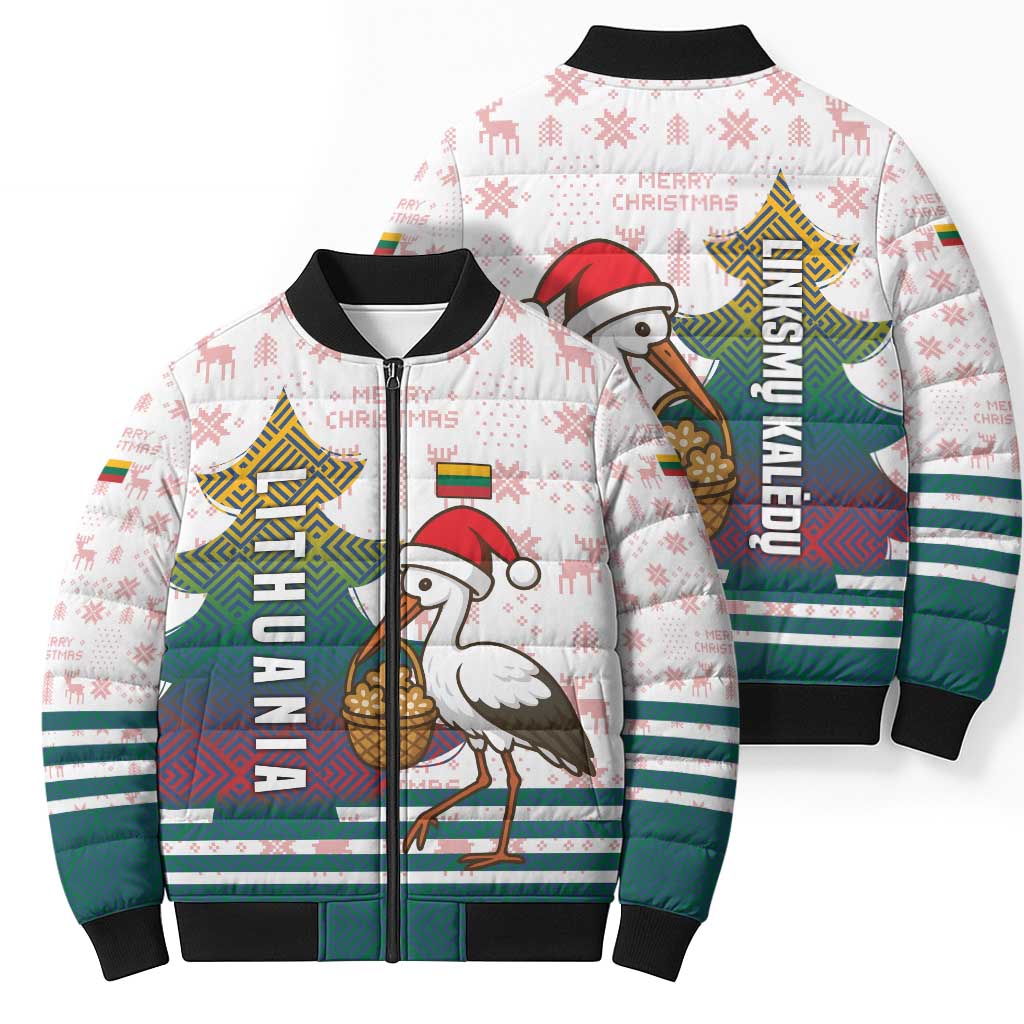 Lithuania Christmas Bomber Puffer Jacket with Stork Basket Snowflakes and Traditional Pattern Design - Wonder Print Shop