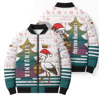 Lithuania Christmas Bomber Puffer Jacket with Stork Basket Snowflakes and Traditional Pattern Design - Wonder Print Shop