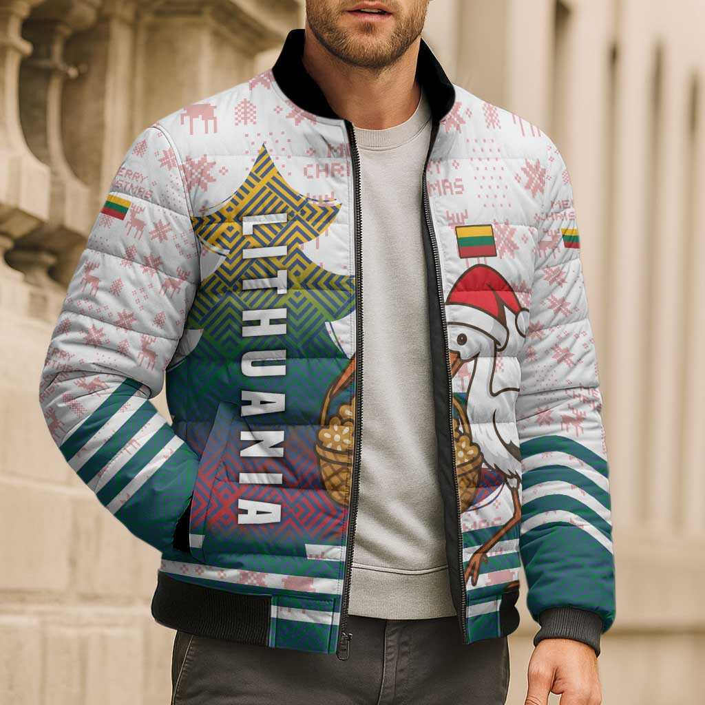 Lithuania Christmas Bomber Puffer Jacket with Stork Basket Snowflakes and Traditional Pattern Design - Wonder Print Shop