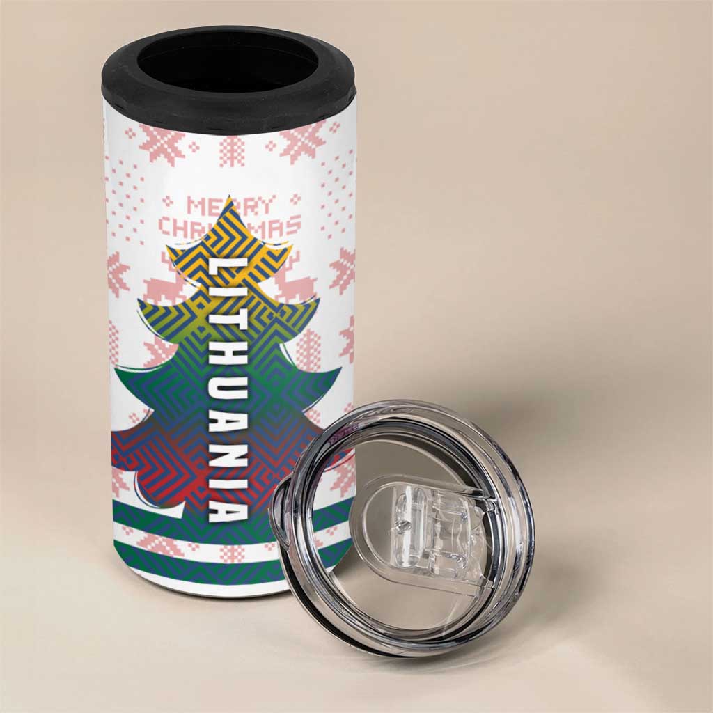 Lithuania Christmas 4 in 1 Can Cooler Tumbler with Stork Basket Snowflakes and Traditional Pattern Design - Wonder Print Shop