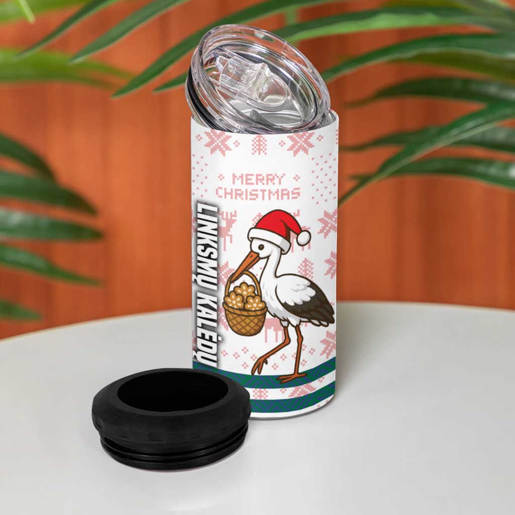 Lithuania Christmas 4 in 1 Can Cooler Tumbler with Stork Basket Snowflakes and Traditional Pattern Design - Wonder Print Shop