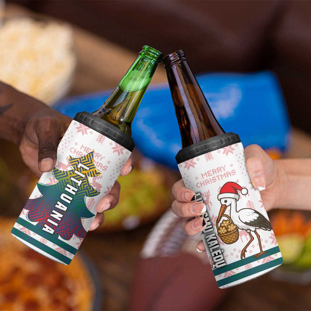 Lithuania Christmas 4 in 1 Can Cooler Tumbler with Stork Basket Snowflakes and Traditional Pattern Design - Wonder Print Shop
