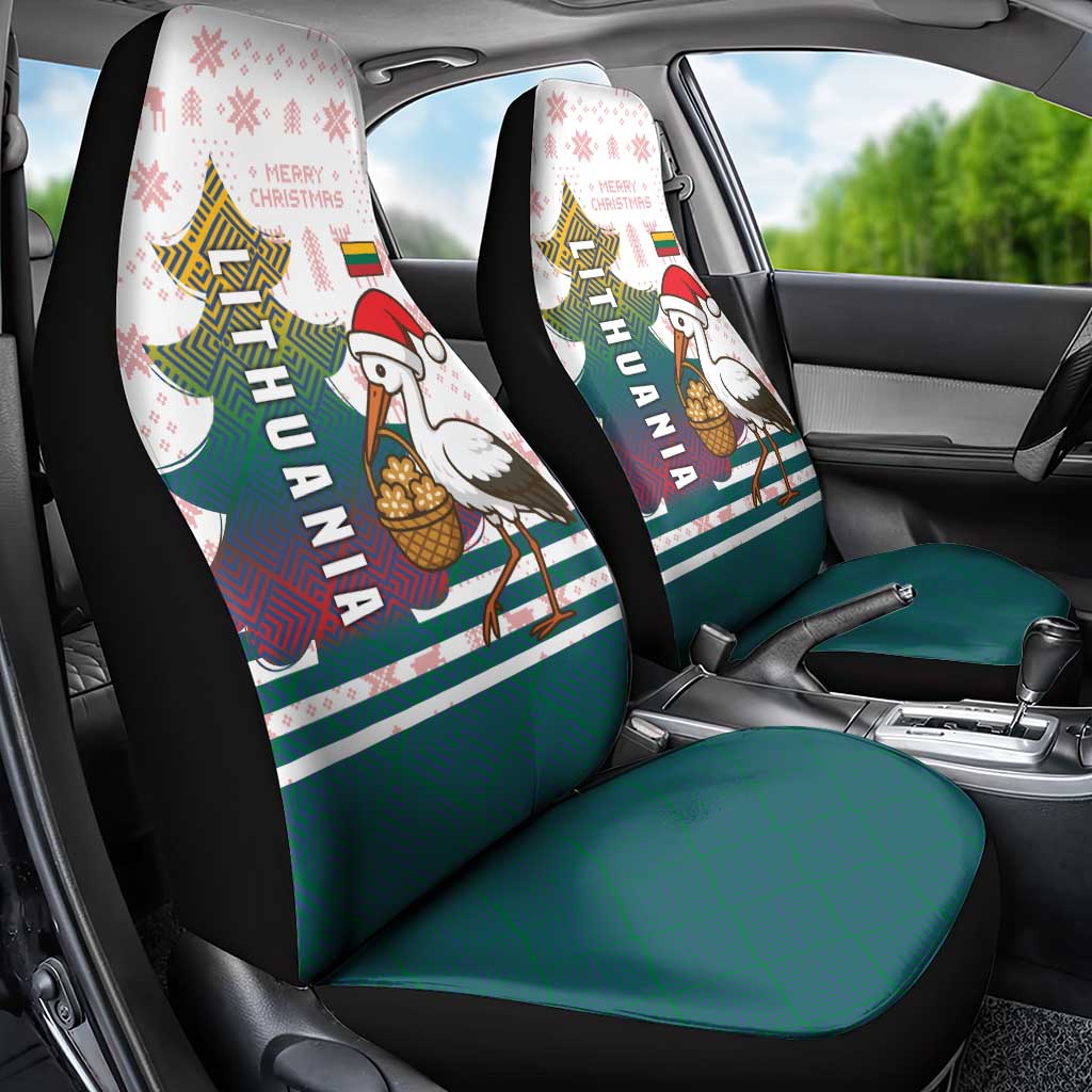 Lithuania Christmas Car Seat Cover with Stork Basket Snowflakes and Traditional Pattern Design - Wonder Print Shop