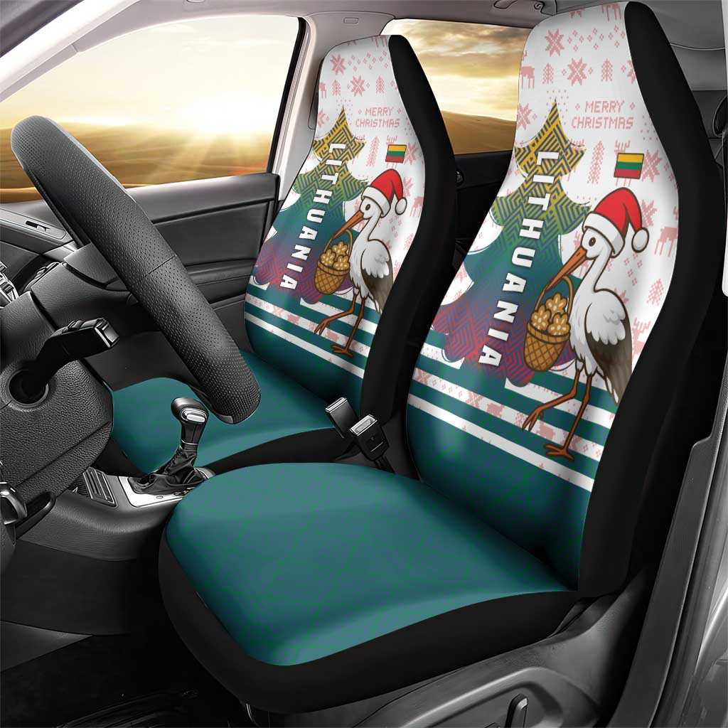 Lithuania Christmas Car Seat Cover with Stork Basket Snowflakes and Traditional Pattern Design - Wonder Print Shop