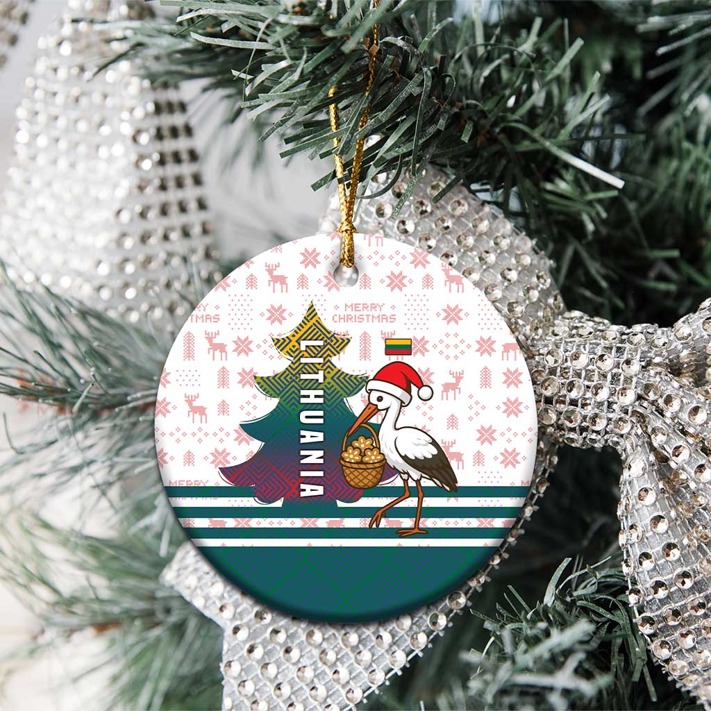 Lithuania Christmas Ceramic Ornament with Stork Basket Snowflakes and Traditional Pattern Design - Wonder Print Shop