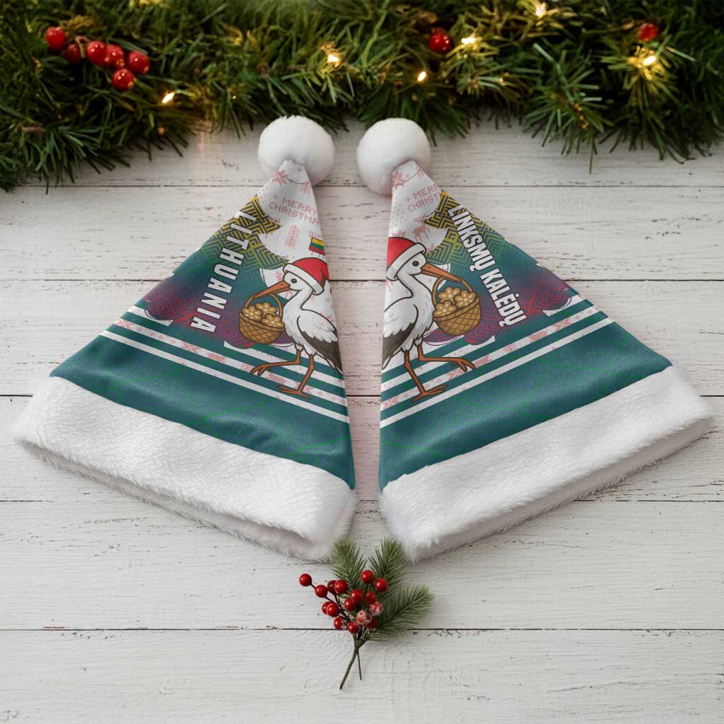 Lithuania Christmas Santa Hat with Stork Basket Snowflakes and Traditional Pattern Design - Wonder Print Shop