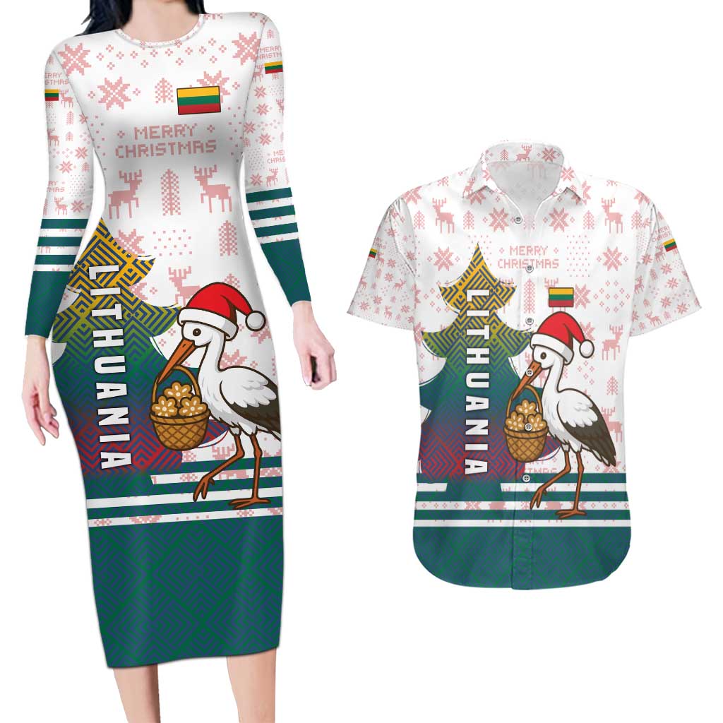 Lithuania Christmas Couples Matching Long Sleeve Bodycon Dress and Hawaiian Shirt with Stork Basket Snowflakes and Traditional Pattern Design - Wonder Print Shop