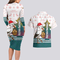 Lithuania Christmas Couples Matching Long Sleeve Bodycon Dress and Hawaiian Shirt with Stork Basket Snowflakes and Traditional Pattern Design - Wonder Print Shop