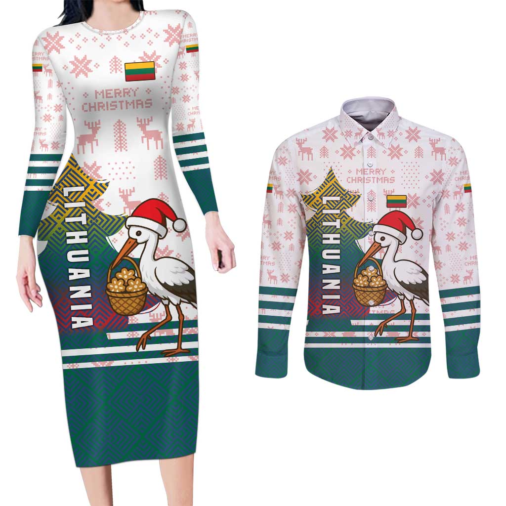 Lithuania Christmas Couples Matching Long Sleeve Bodycon Dress and Long Sleeve Button Shirt with Stork Basket Snowflakes and Traditional Pattern Design - Wonder Print Shop