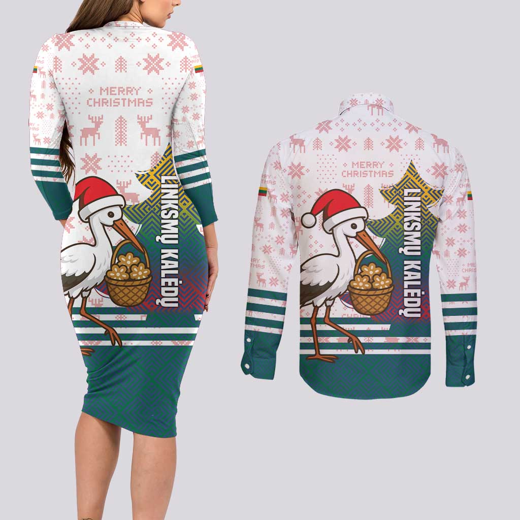 Lithuania Christmas Couples Matching Long Sleeve Bodycon Dress and Long Sleeve Button Shirt with Stork Basket Snowflakes and Traditional Pattern Design - Wonder Print Shop