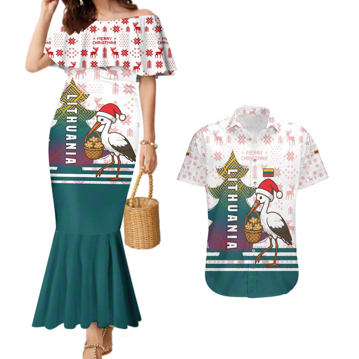 Lithuania Christmas Couples Matching Mermaid Dress and Hawaiian Shirt with Stork Basket Snowflakes and Traditional Pattern Design - Wonder Print Shop