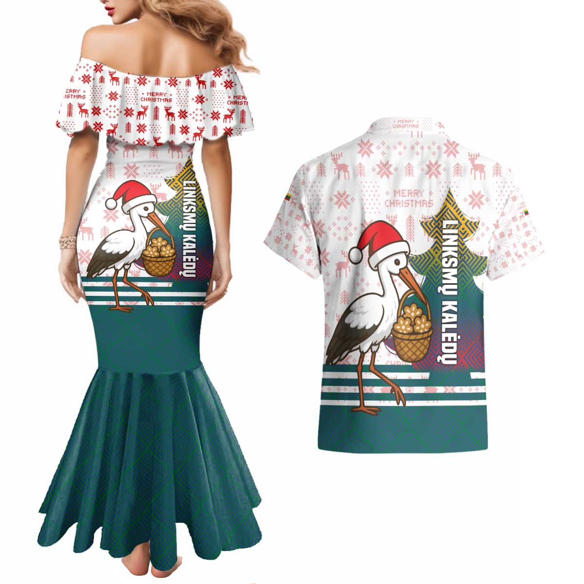 Lithuania Christmas Couples Matching Mermaid Dress and Hawaiian Shirt with Stork Basket Snowflakes and Traditional Pattern Design - Wonder Print Shop