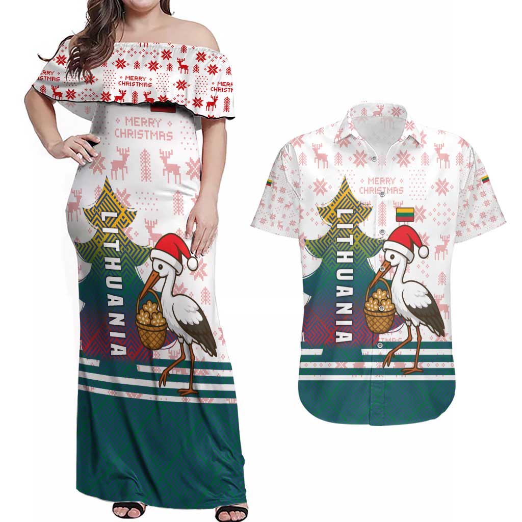 Lithuania Christmas Couples Matching Off Shoulder Maxi Dress and Hawaiian Shirt with Stork Basket Snowflakes and Traditional Pattern Design - Wonder Print Shop