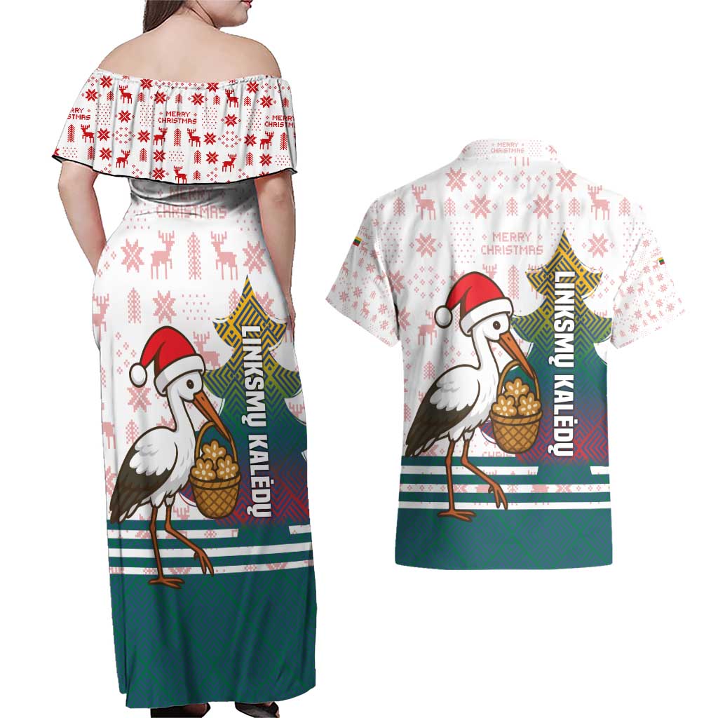 Lithuania Christmas Couples Matching Off Shoulder Maxi Dress and Hawaiian Shirt with Stork Basket Snowflakes and Traditional Pattern Design - Wonder Print Shop