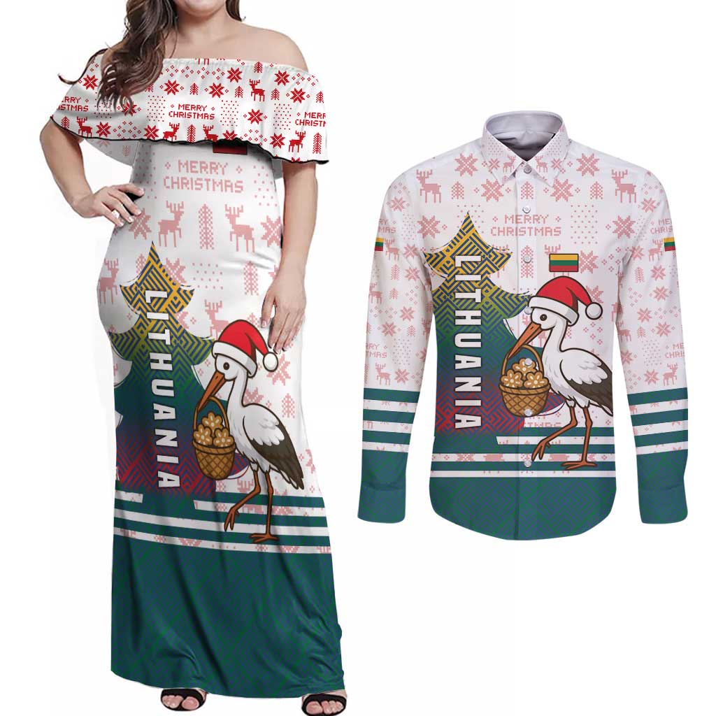 Lithuania Christmas Couples Matching Off Shoulder Maxi Dress and Long Sleeve Button Shirt with Stork Basket Snowflakes and Traditional Pattern Design - Wonder Print Shop