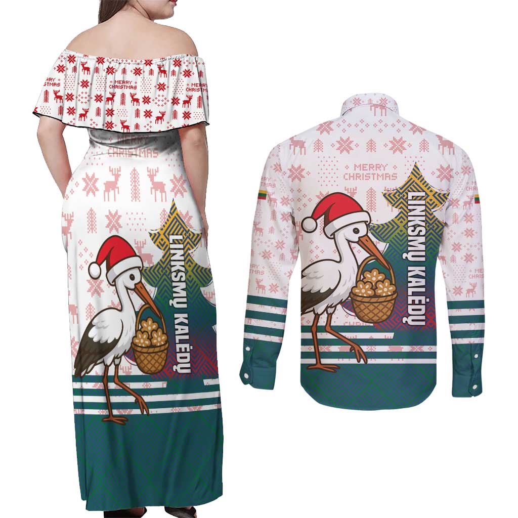 Lithuania Christmas Couples Matching Off Shoulder Maxi Dress and Long Sleeve Button Shirt with Stork Basket Snowflakes and Traditional Pattern Design - Wonder Print Shop