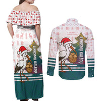 Lithuania Christmas Couples Matching Off Shoulder Maxi Dress and Long Sleeve Button Shirt with Stork Basket Snowflakes and Traditional Pattern Design - Wonder Print Shop