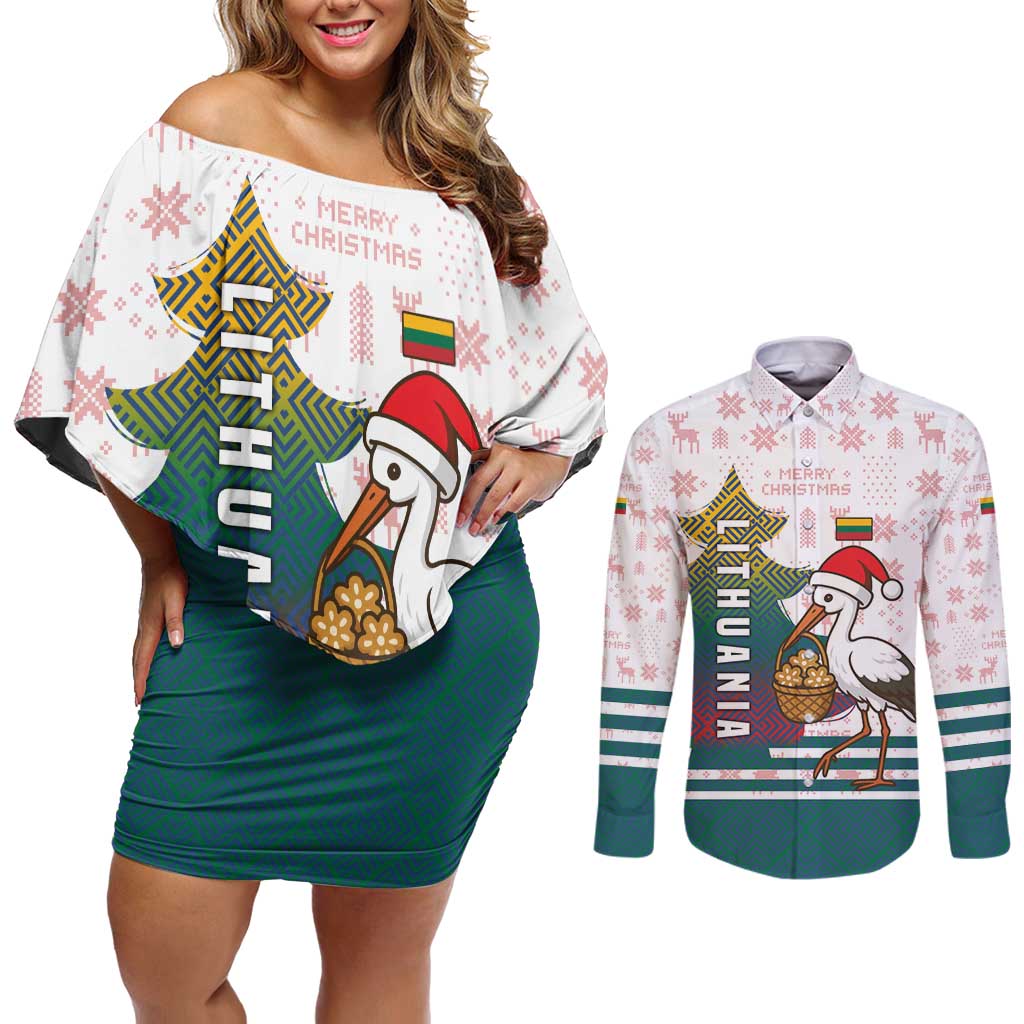 Lithuania Christmas Couples Matching Off Shoulder Short Dress and Long Sleeve Button Shirt with Stork Basket Snowflakes and Traditional Pattern Design - Wonder Print Shop