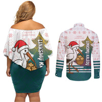 Lithuania Christmas Couples Matching Off Shoulder Short Dress and Long Sleeve Button Shirt with Stork Basket Snowflakes and Traditional Pattern Design - Wonder Print Shop