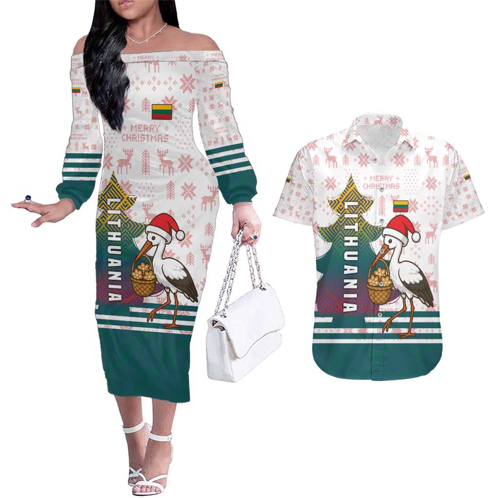 Lithuania Christmas Couples Matching Off The Shoulder Long Sleeve Dress and Hawaiian Shirt with Stork Basket Snowflakes and Traditional Pattern Design - Wonder Print Shop