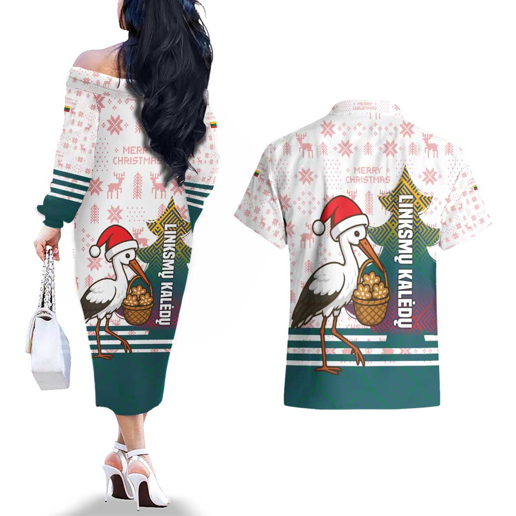 Lithuania Christmas Couples Matching Off The Shoulder Long Sleeve Dress and Hawaiian Shirt with Stork Basket Snowflakes and Traditional Pattern Design - Wonder Print Shop
