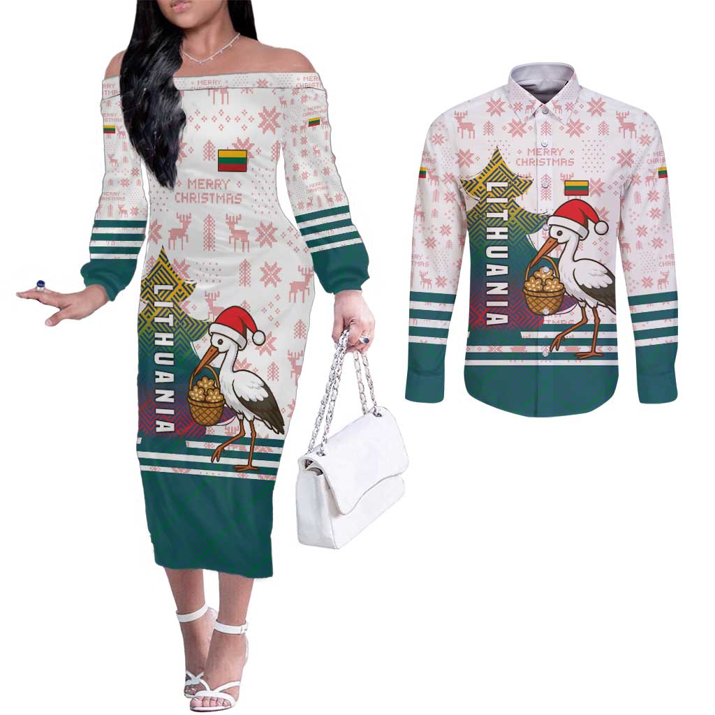 Lithuania Christmas Couples Matching Off The Shoulder Long Sleeve Dress and Long Sleeve Button Shirt with Stork Basket Snowflakes and Traditional Pattern Design - Wonder Print Shop