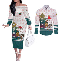 Lithuania Christmas Couples Matching Off The Shoulder Long Sleeve Dress and Long Sleeve Button Shirt with Stork Basket Snowflakes and Traditional Pattern Design - Wonder Print Shop