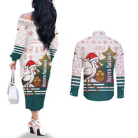 Lithuania Christmas Couples Matching Off The Shoulder Long Sleeve Dress and Long Sleeve Button Shirt with Stork Basket Snowflakes and Traditional Pattern Design - Wonder Print Shop