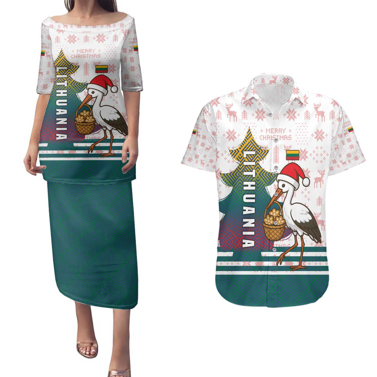 Lithuania Christmas Couples Matching Puletasi and Hawaiian Shirt with Stork Basket Snowflakes and Traditional Pattern Design - Wonder Print Shop