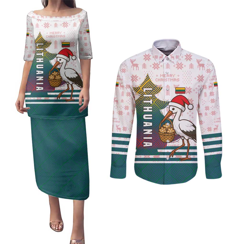 Lithuania Christmas Couples Matching Puletasi and Long Sleeve Button Shirt with Stork Basket Snowflakes and Traditional Pattern Design - Wonder Print Shop