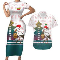 Lithuania Christmas Couples Matching Short Sleeve Bodycon Dress and Hawaiian Shirt with Stork Basket Snowflakes and Traditional Pattern Design - Wonder Print Shop