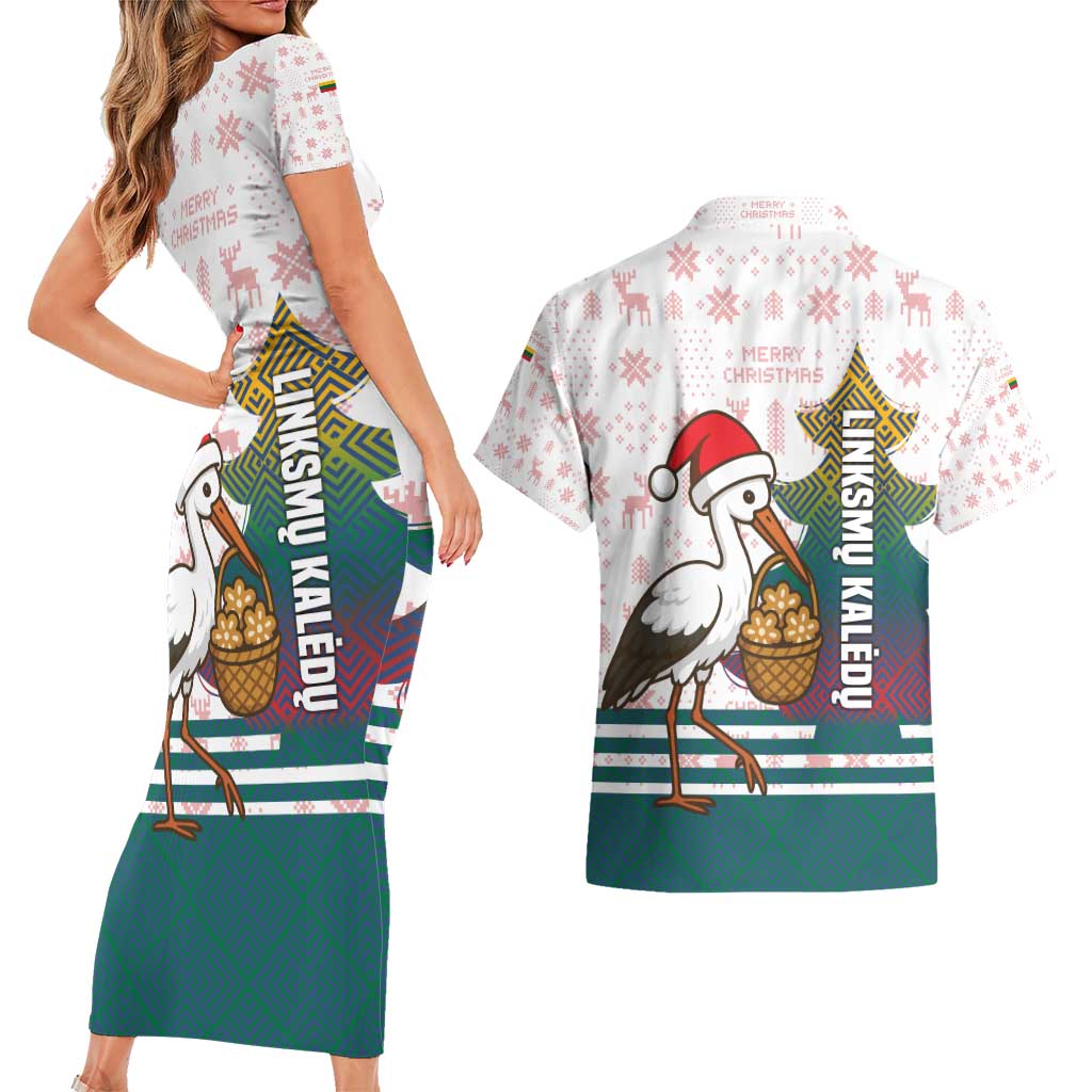 Lithuania Christmas Couples Matching Short Sleeve Bodycon Dress and Hawaiian Shirt with Stork Basket Snowflakes and Traditional Pattern Design - Wonder Print Shop