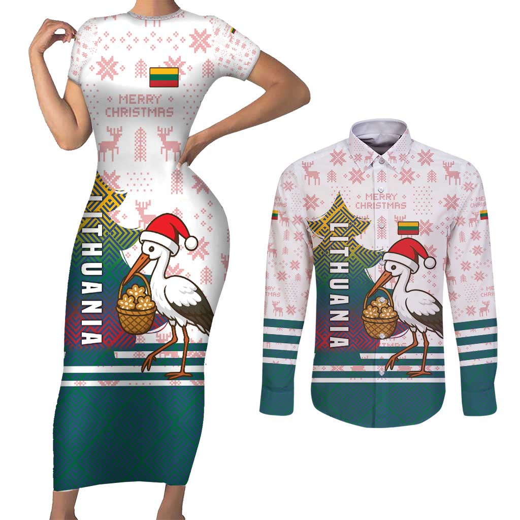 Lithuania Christmas Couples Matching Short Sleeve Bodycon Dress and Long Sleeve Button Shirt with Stork Basket Snowflakes and Traditional Pattern Design - Wonder Print Shop